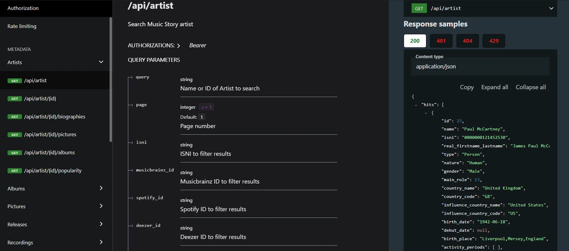 Music Story API documentation — /api/artist endpoint